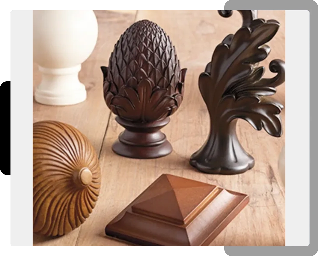 A wooden table with various decorative objects on it.