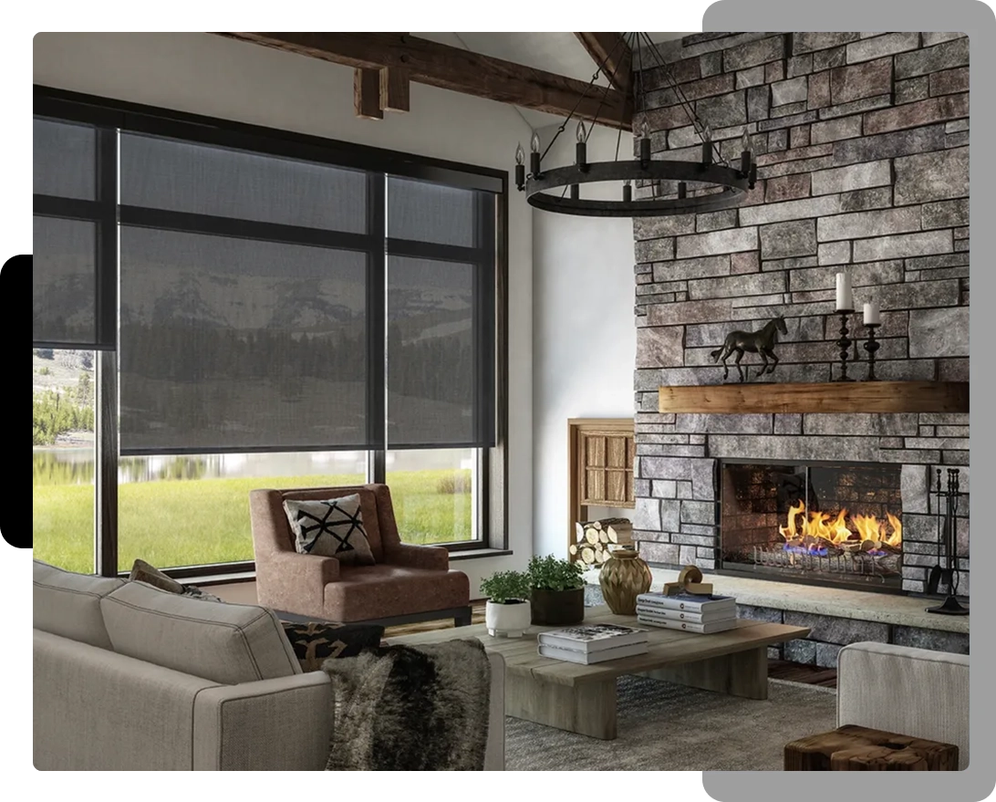 A living room with a fireplace and windows