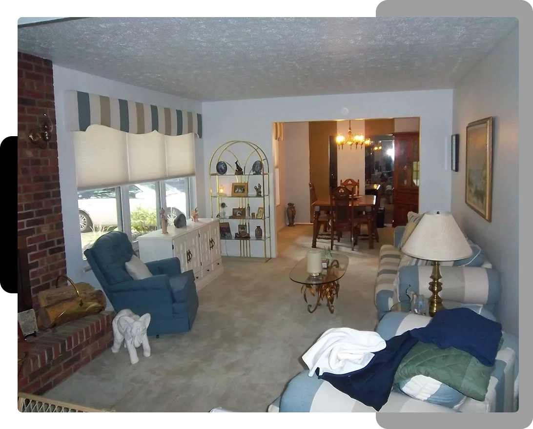 A living room with furniture and a dog.