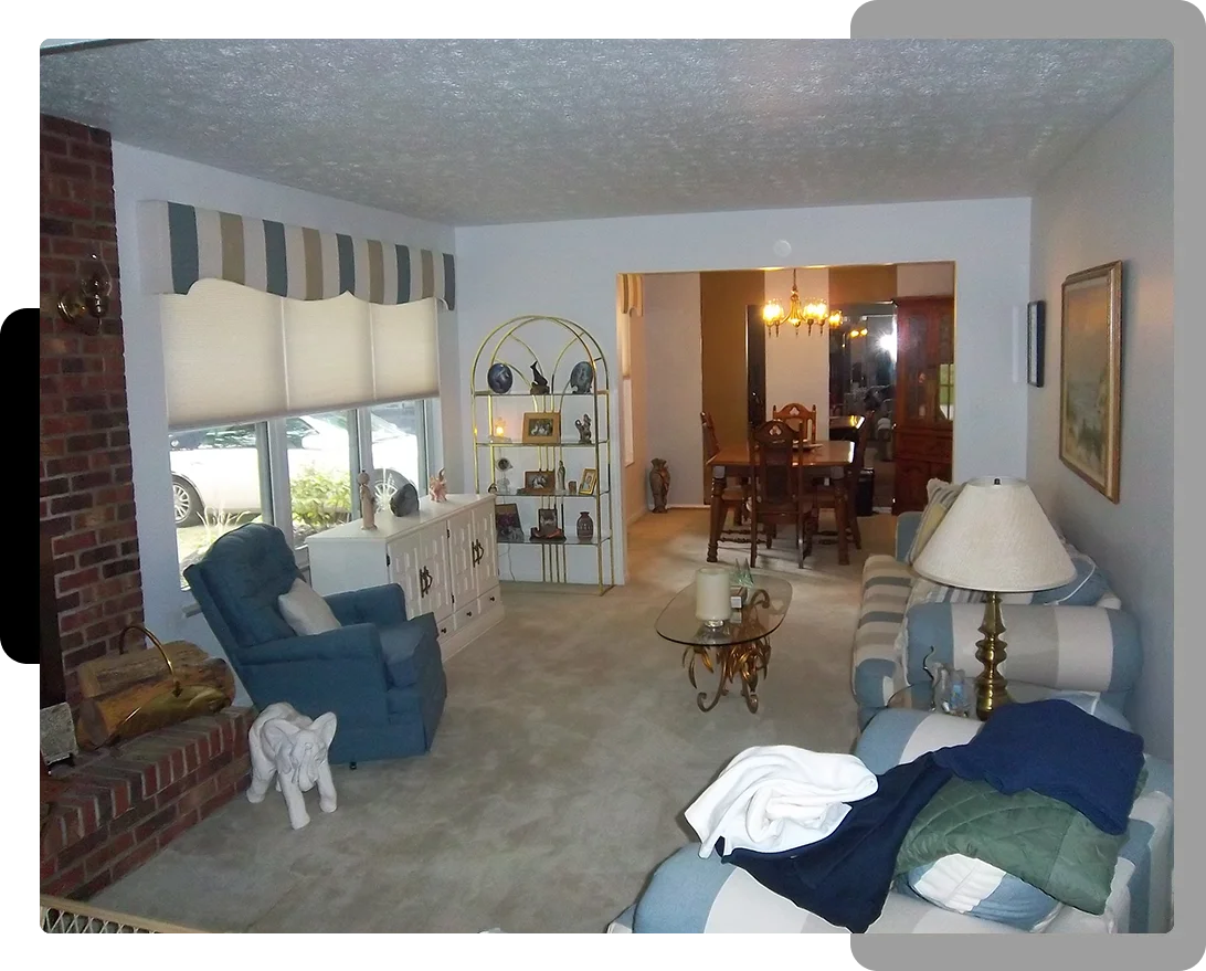 A living room with furniture and a dog.