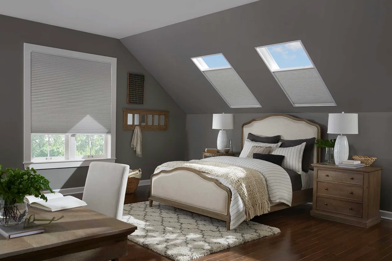 A bedroom with two skylights and a bed